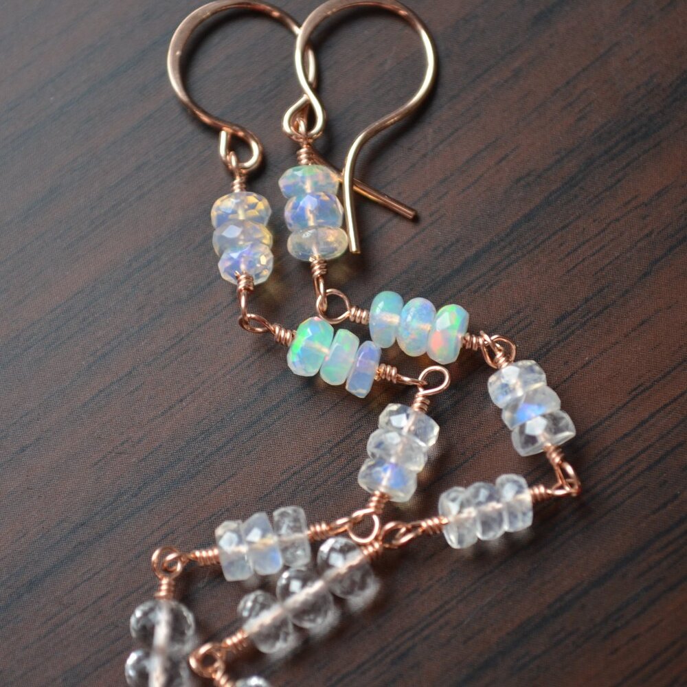 Opal Moonstone and Crystal Quartz Earrings in Rose Gold